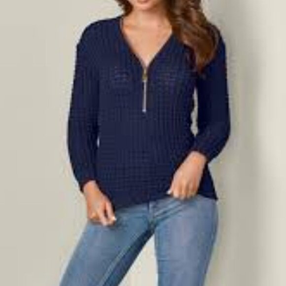 Venus Zip Front Sweater Size S. Navy Blue Long Sleeve Waffle Knit Pullover - Picture 3 of 6